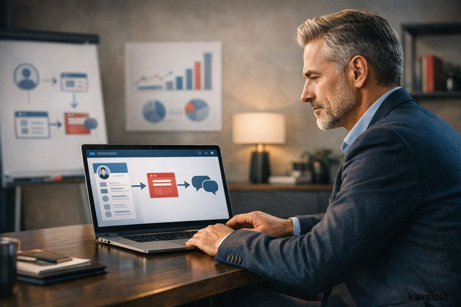 Business Coach am Laptop und optimiert sein Linkedin Profil